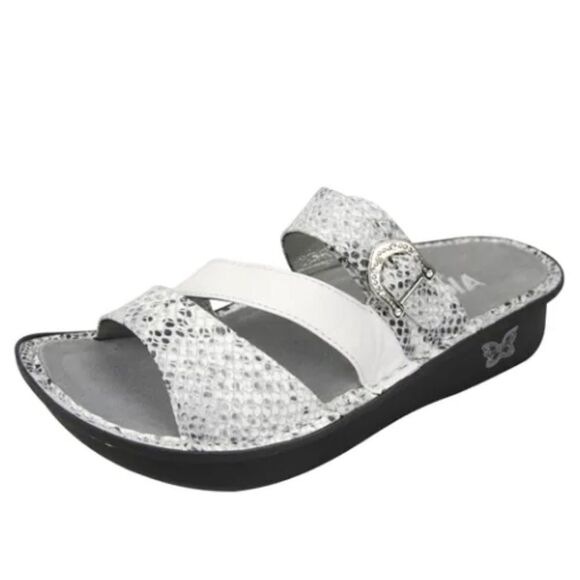 Alegria COLETTE White Metallic Silver Reptile Strappy Support Slide Sandals - Picture 1 of 16